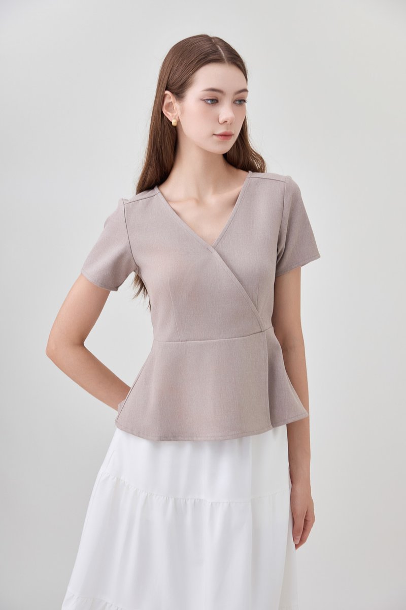 Fae Faux Wrap Peplum Top In Mushroom