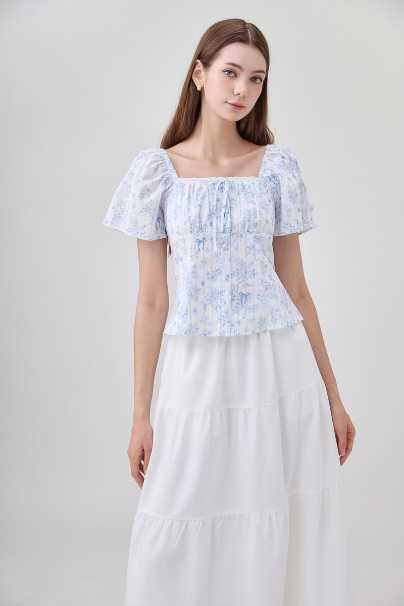 Bristol Printed Ruched Top In Blue