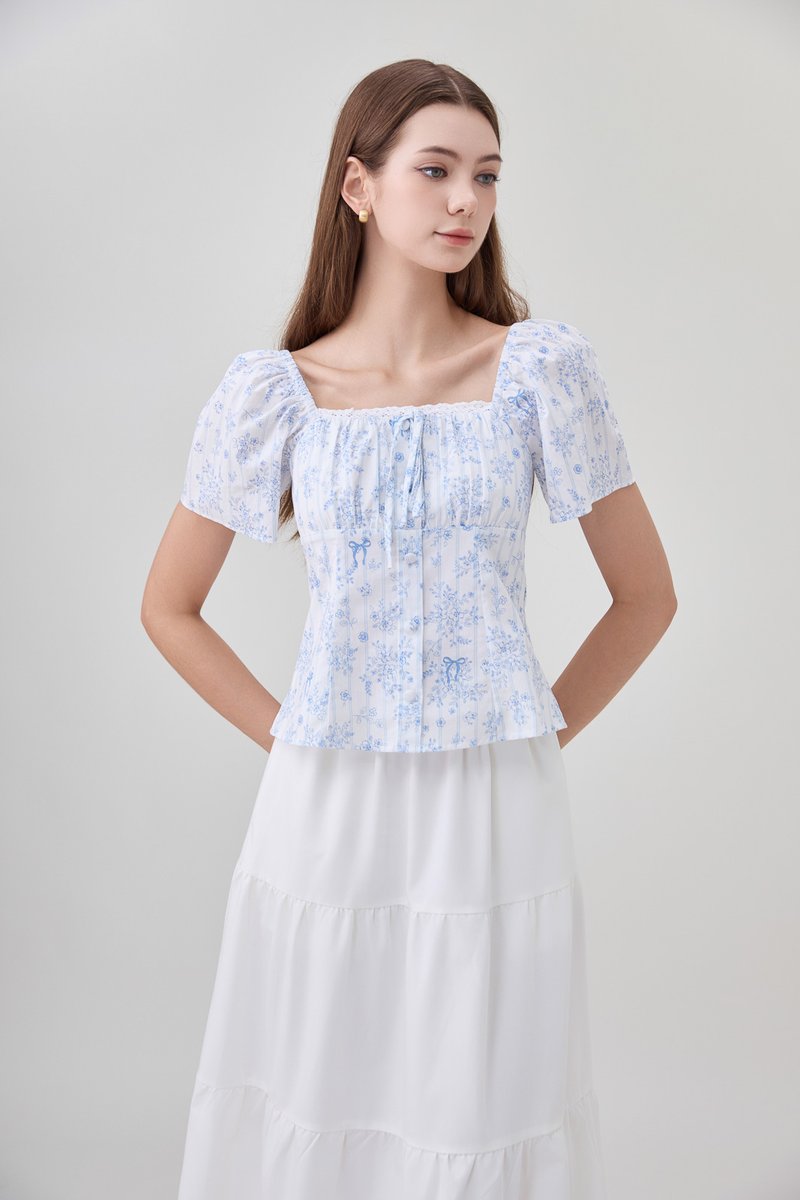 Bristol Printed Ruched Top In Blue
