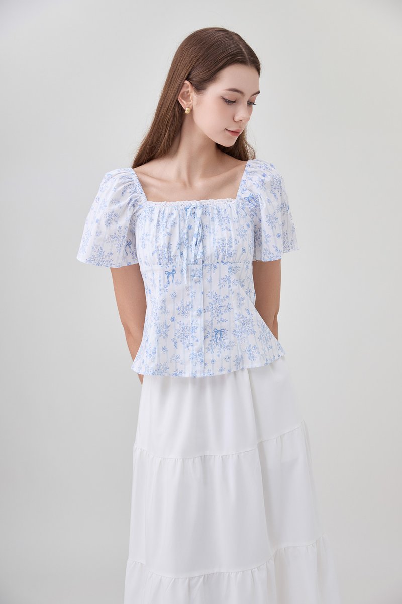 Bristol Printed Ruched Top In Blue