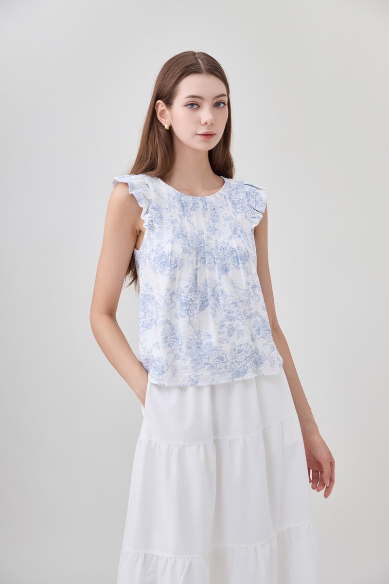 Romina Toile Pleated Ruffle Top