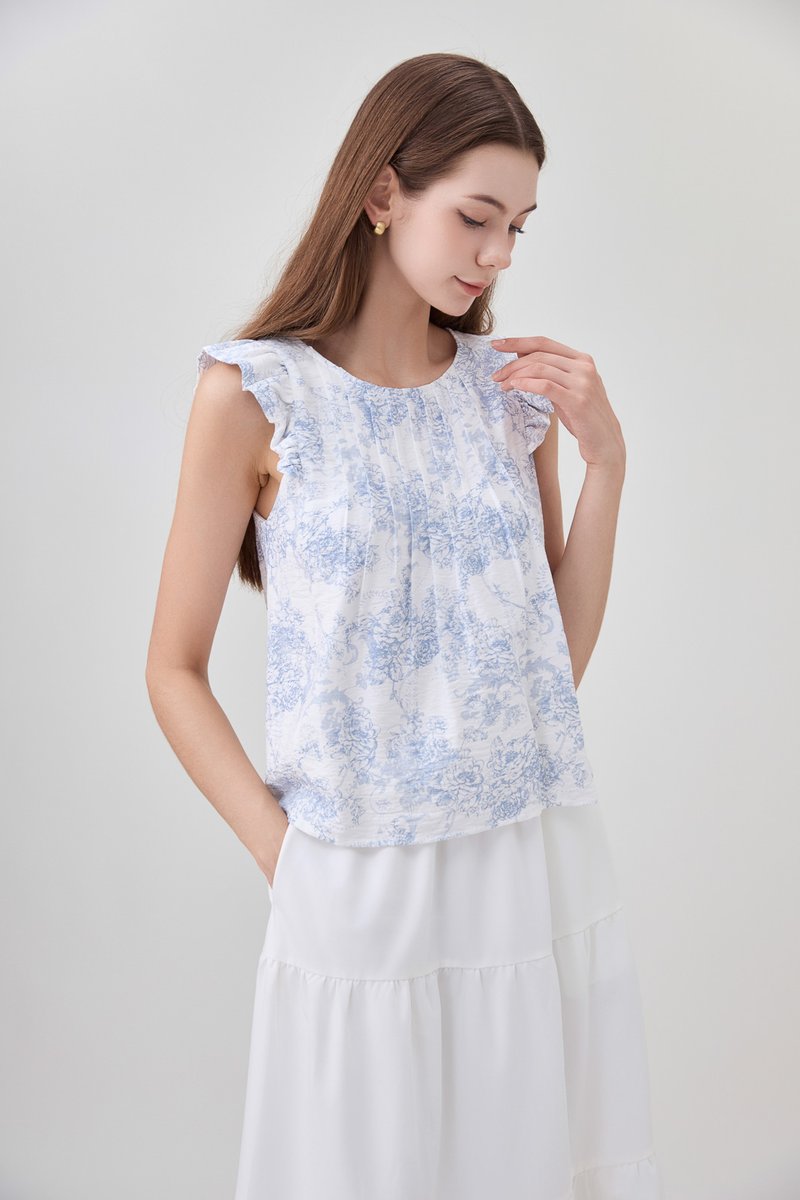 Romina Toile Pleated Ruffle Top
