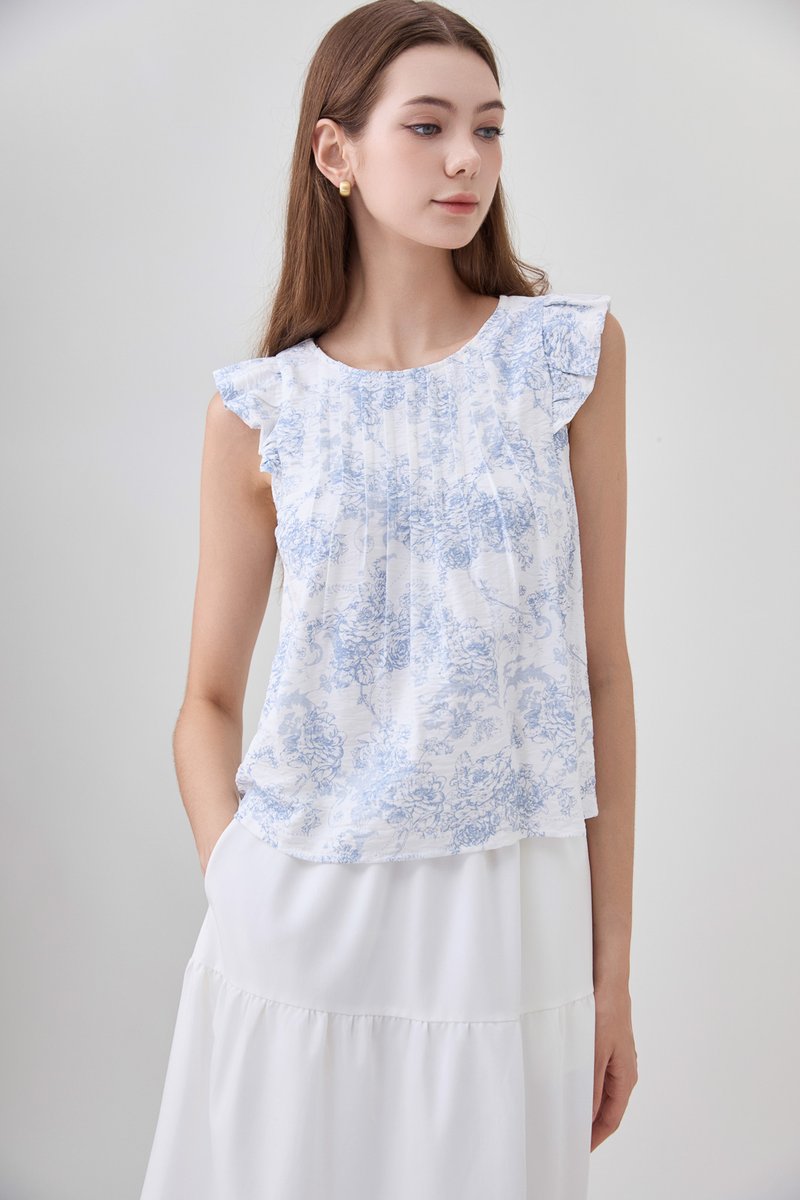 Romina Toile Pleated Ruffle Top
