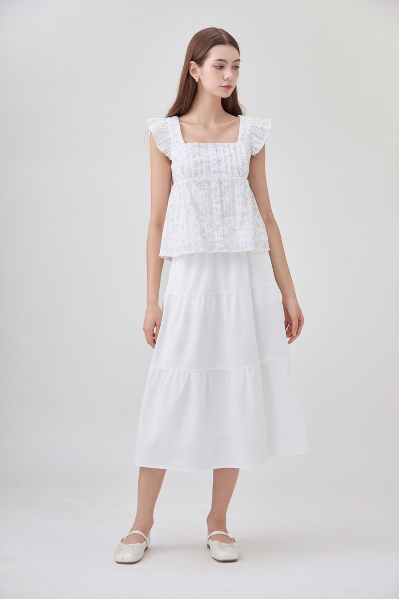 Lyla Elastic Waist Tiered Midi Skirt In White