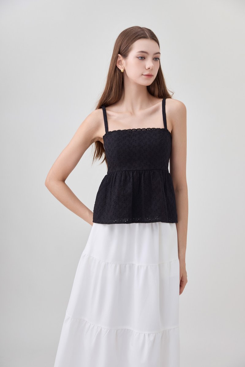 Kyla Eyelet Camisole Babydoll Top In Black