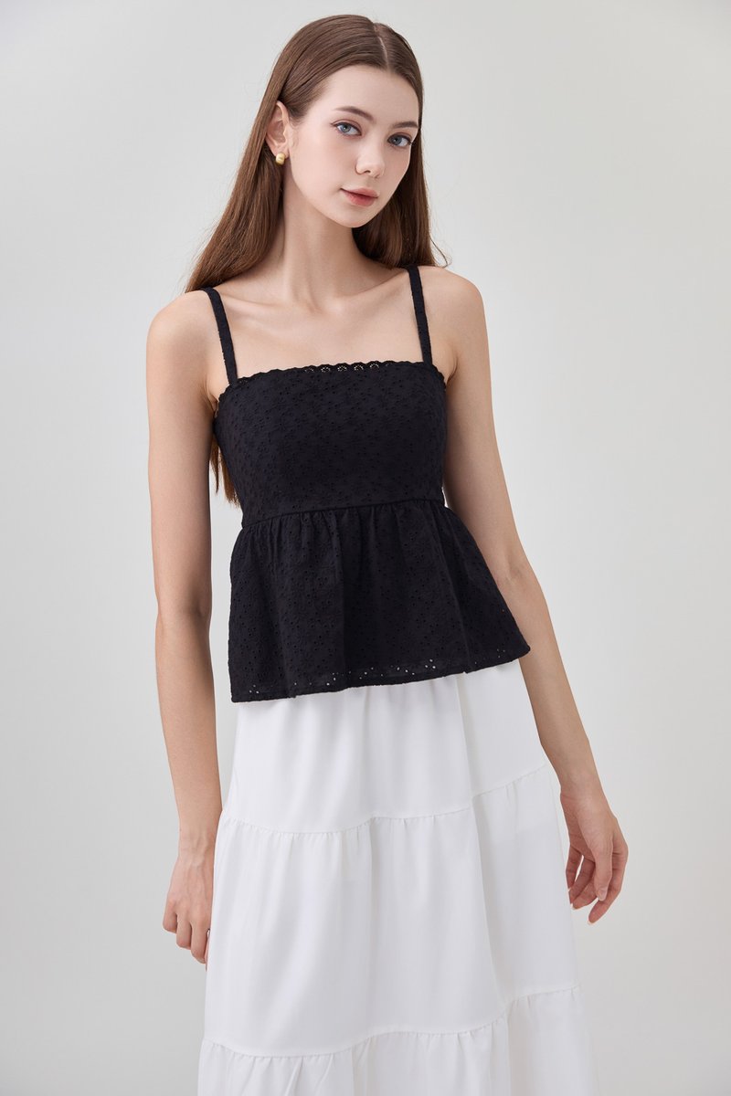 Kyla Eyelet Camisole Babydoll Top In Black