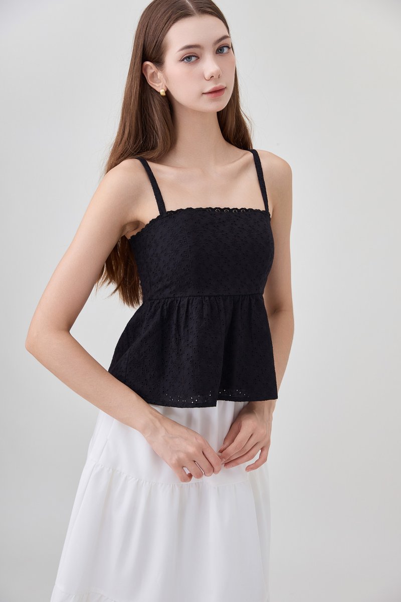 Kyla Eyelet Camisole Babydoll Top In Black