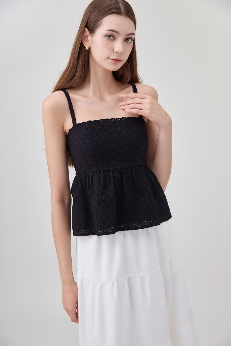 Kyla Eyelet Camisole Babydoll Top In Black