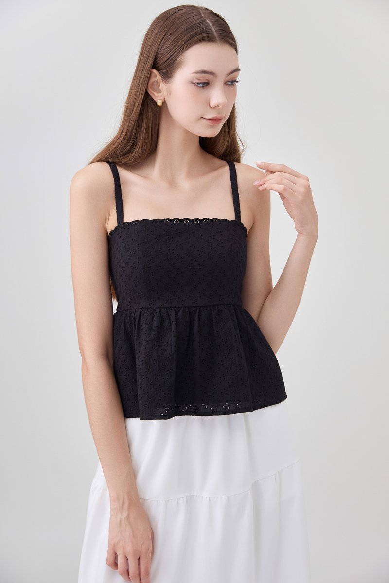 Kyla Eyelet Camisole Babydoll Top In Black