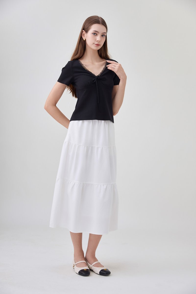 Ana Ribbon Lace Cotton Top In Black