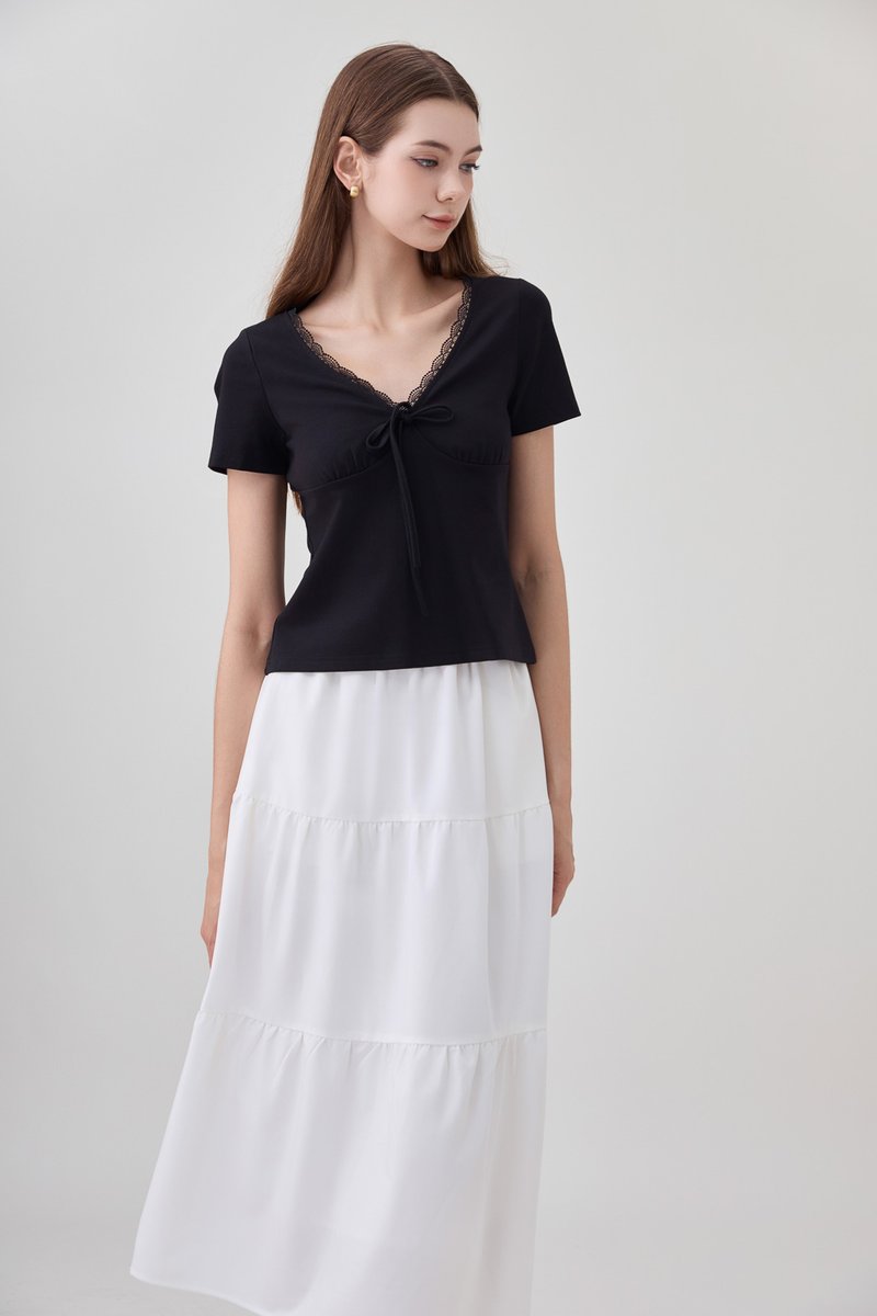 Ana Ribbon Lace Cotton Top In Black