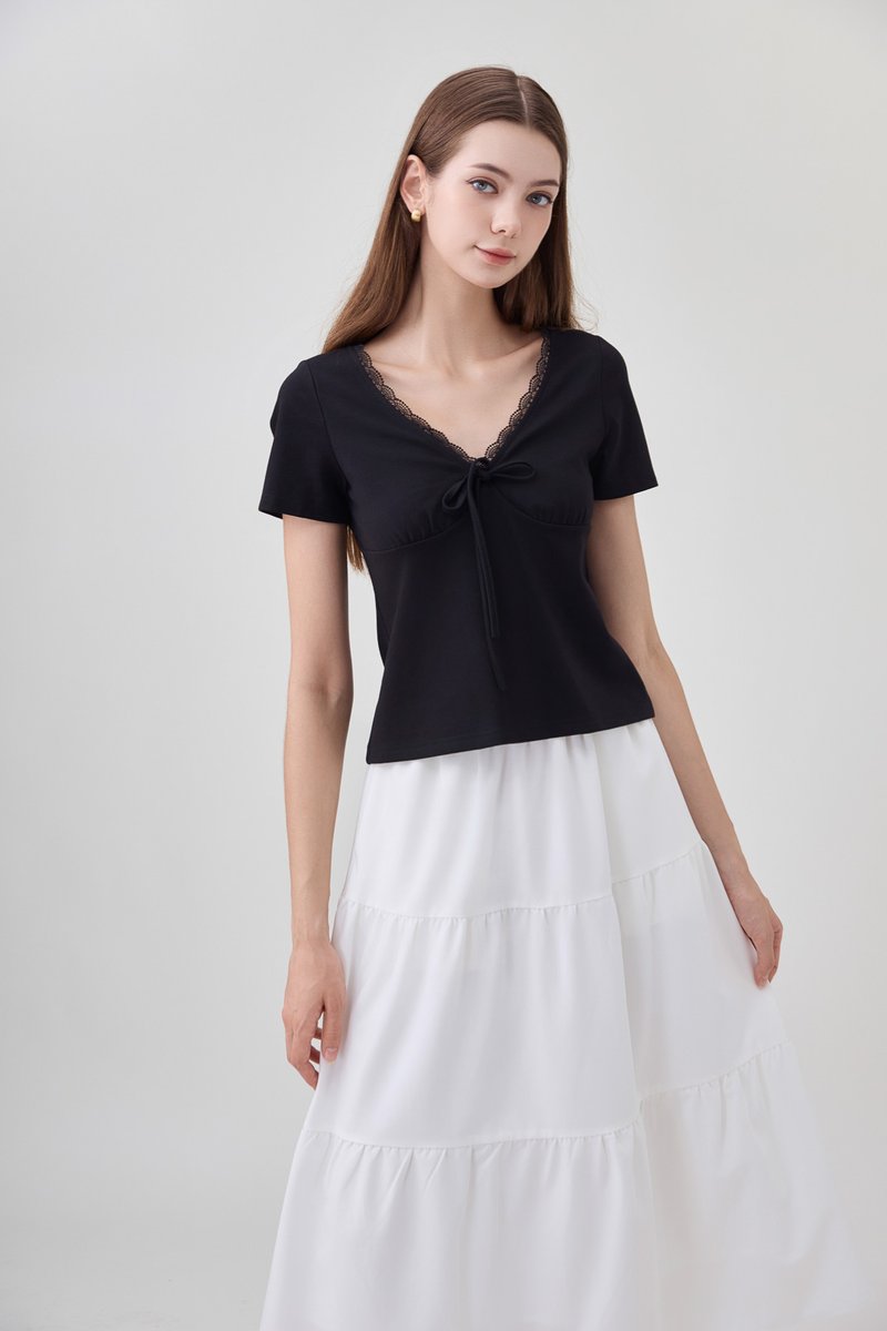 Ana Ribbon Lace Cotton Top In Black