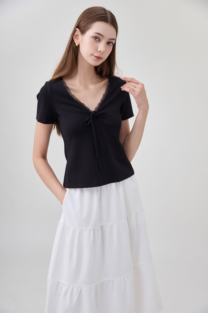 Ana Ribbon Lace Cotton Top In Black