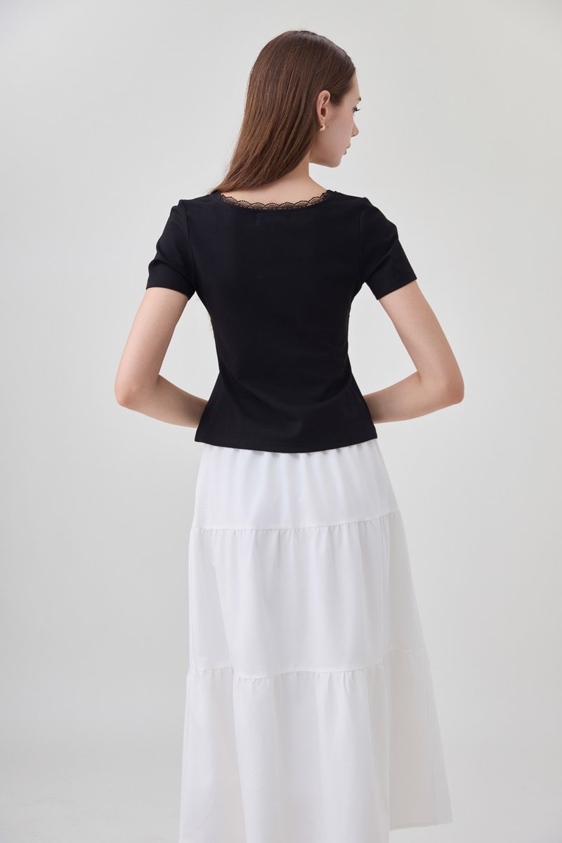 Ana Ribbon Lace Cotton Top In Black