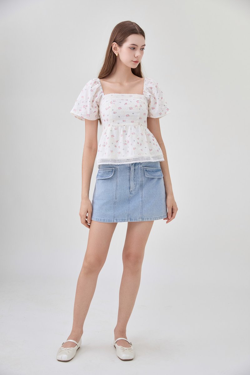 Alexandria Embroidery Crochet Babydoll Top In Pink Bloom