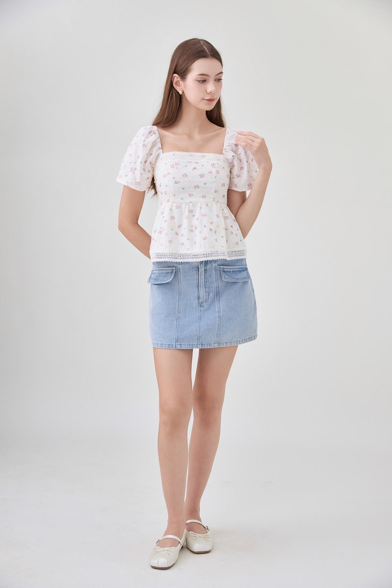 Alexandria Embroidery Crochet Babydoll Top In Pink Bloom