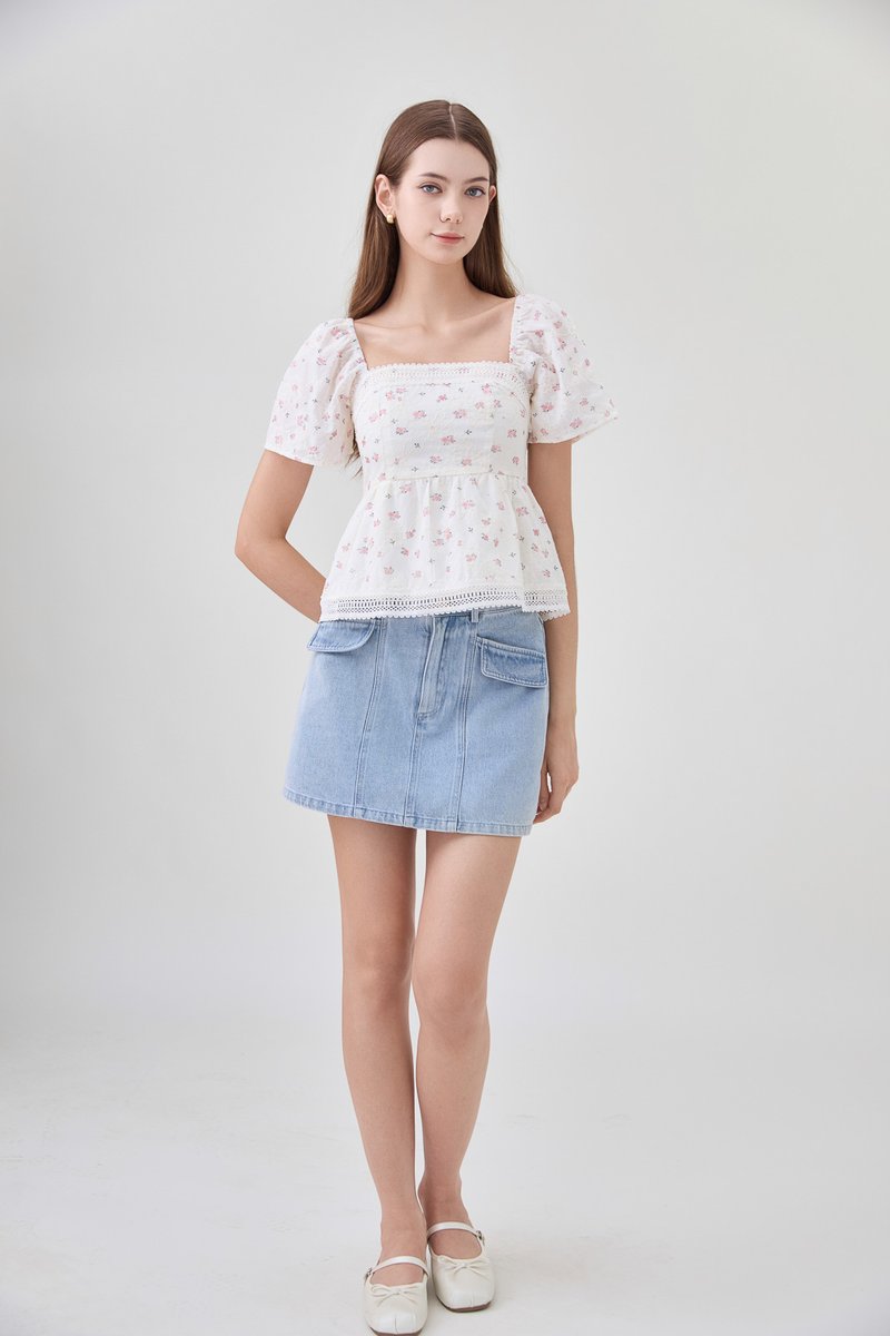 Alexandria Embroidery Crochet Babydoll Top In Pink Bloom