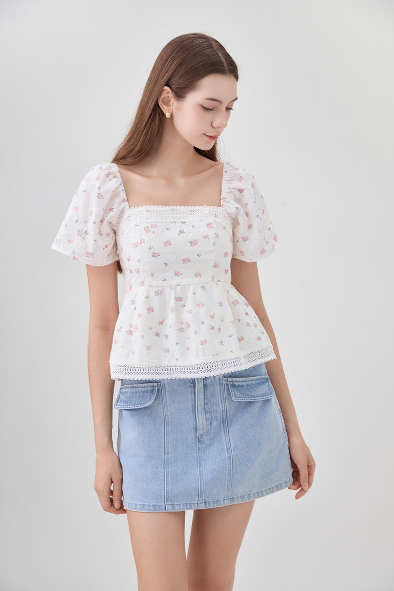 Alexandria Embroidery Crochet Babydoll Top In Pink Bloom