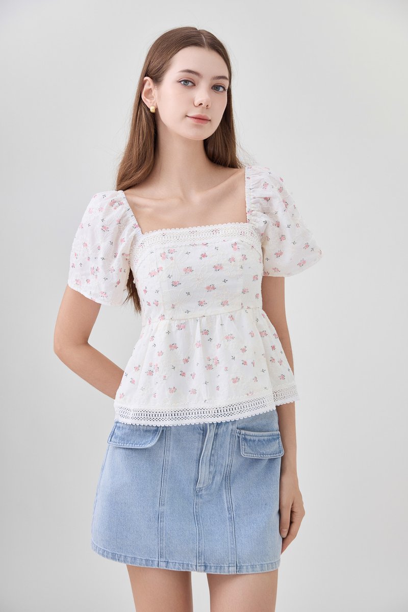 Alexandria Embroidery Crochet Babydoll Top In Pink Bloom