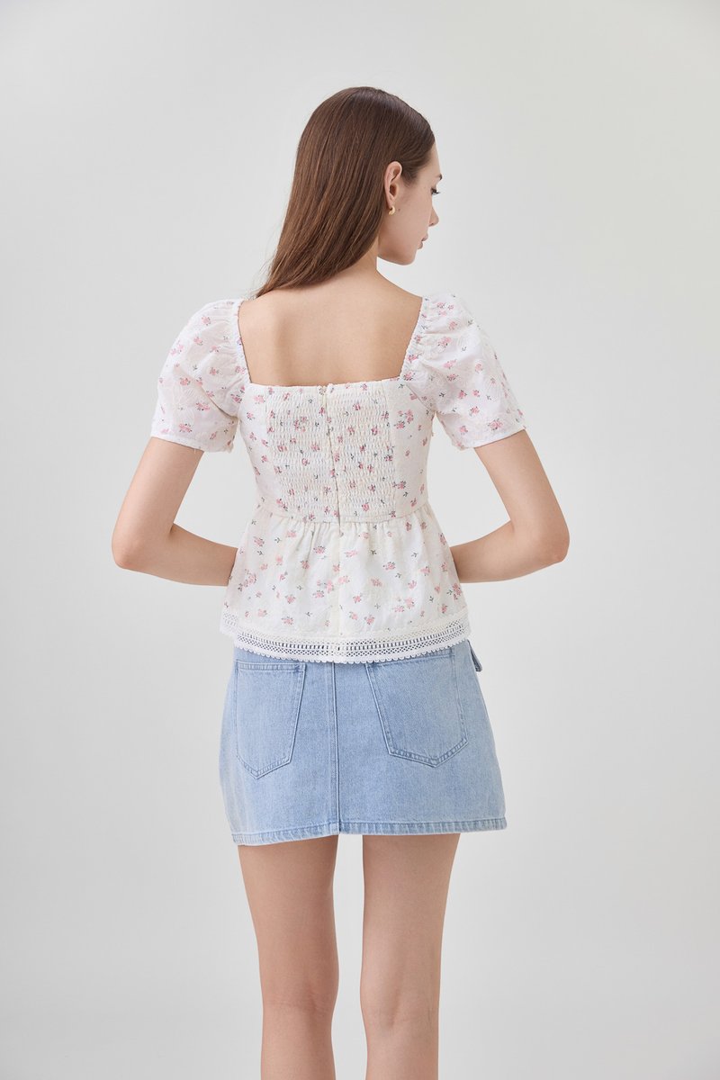 Alexandria Embroidery Crochet Babydoll Top In Pink Bloom