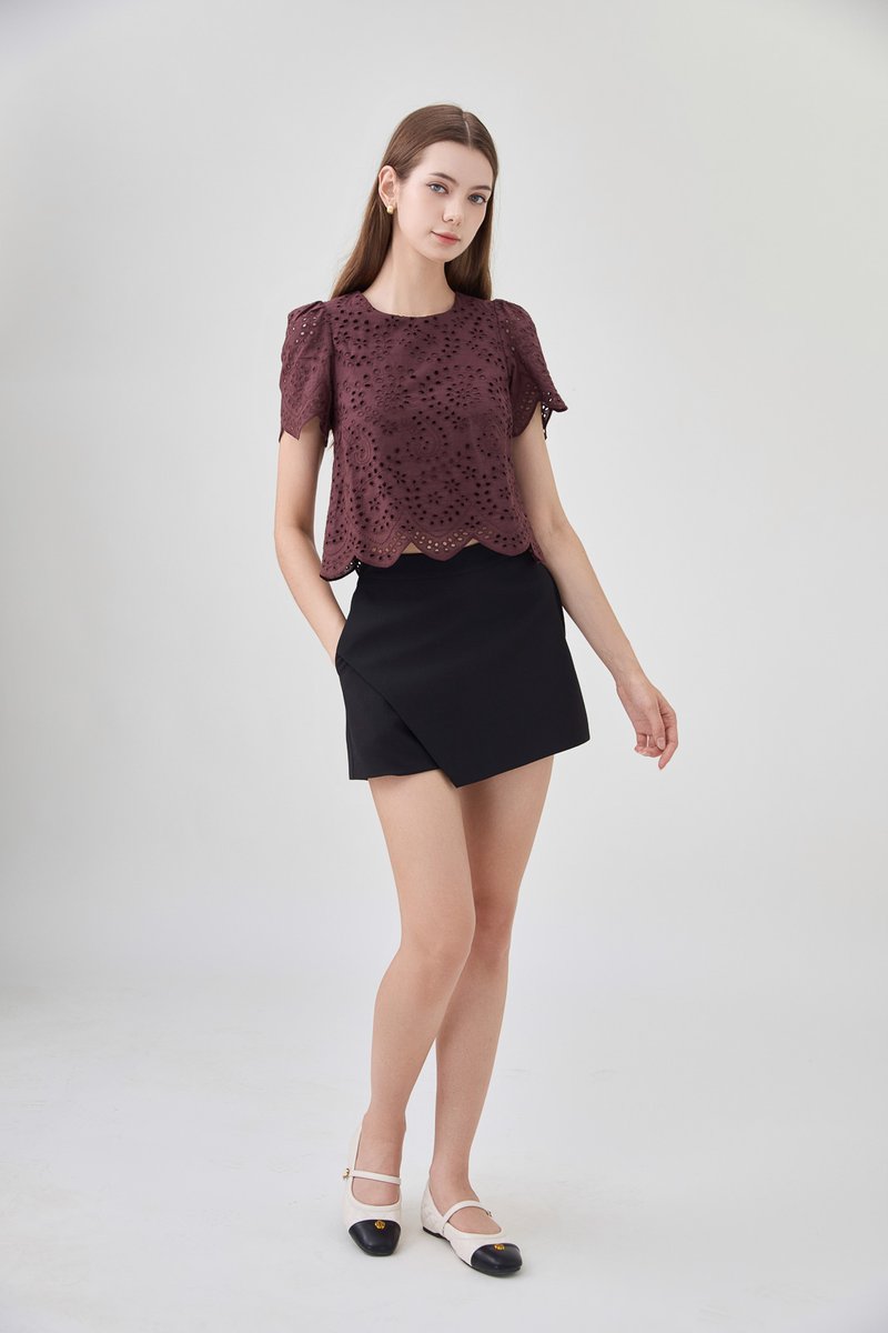 Delilah Eyelet Scallop Top In Brown