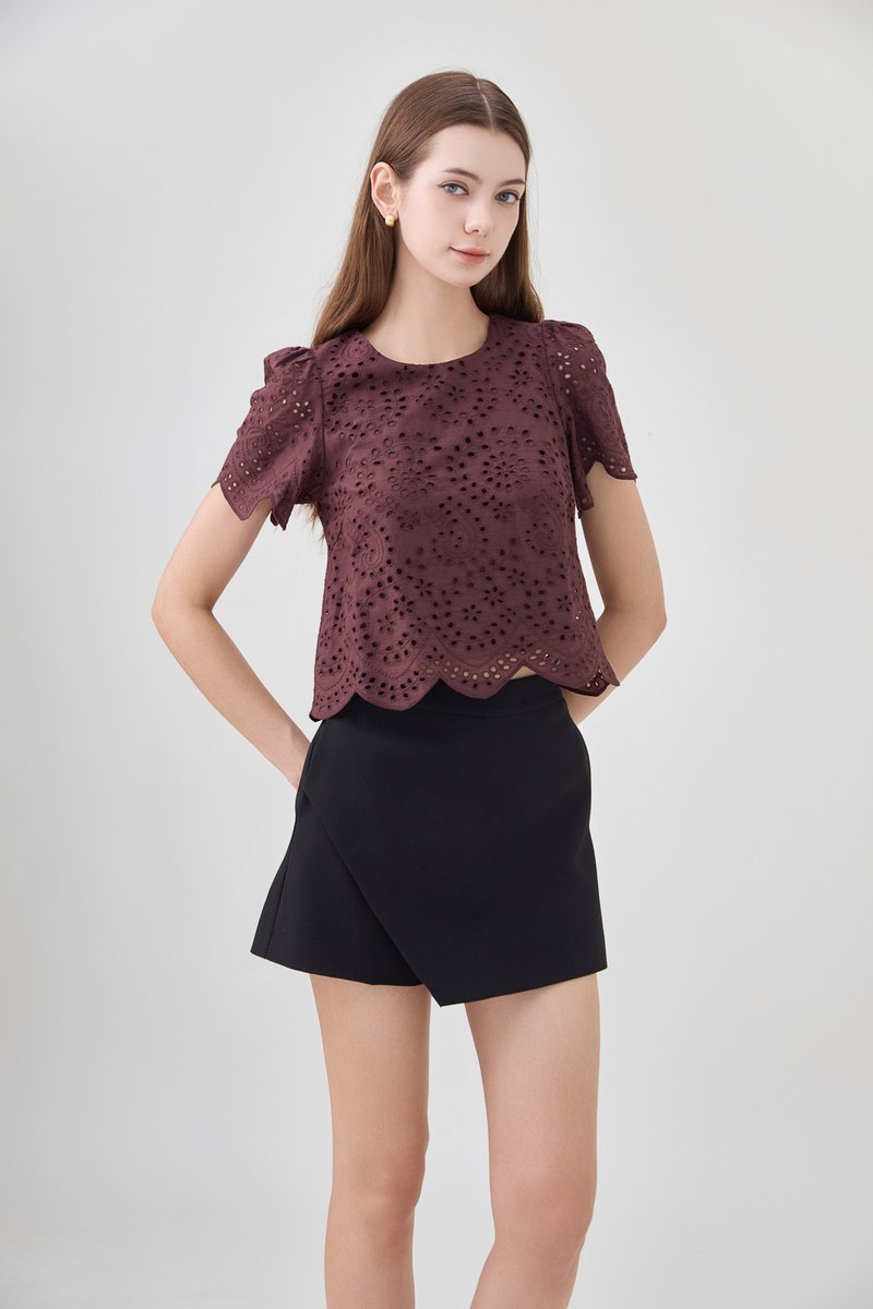 Delilah Eyelet Scallop Top In Brown