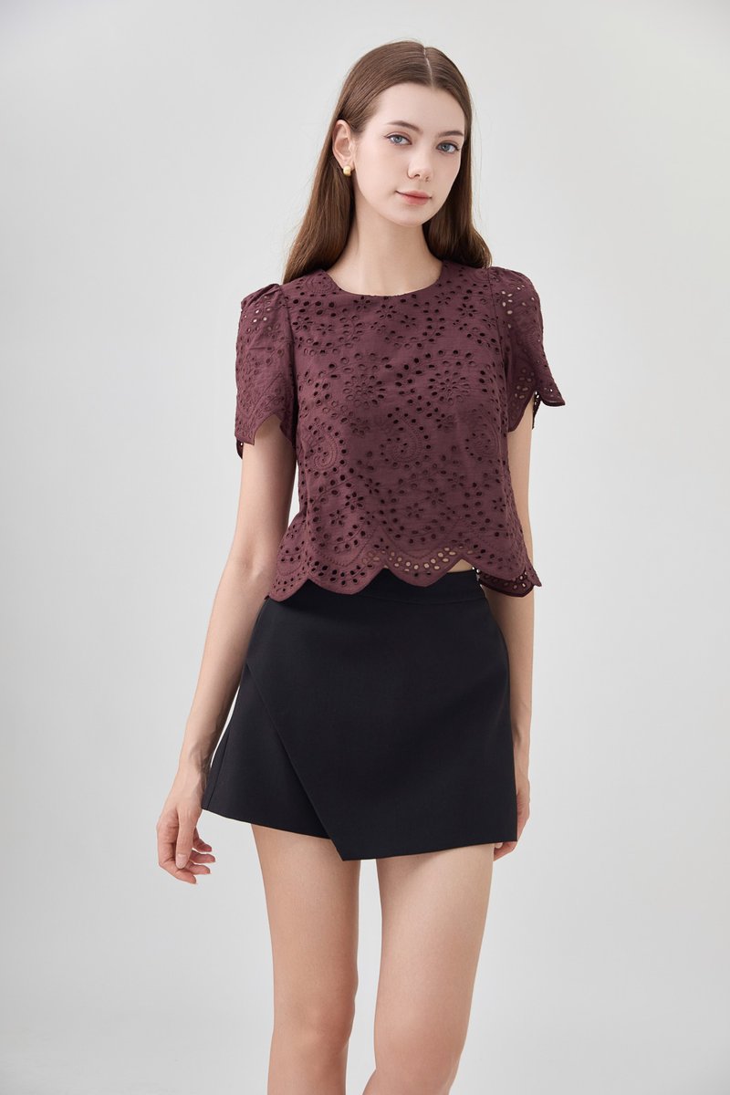 Delilah Eyelet Scallop Top In Brown