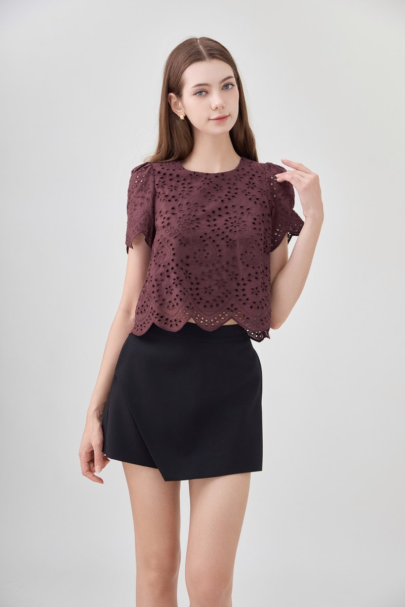 Delilah Eyelet Scallop Top In Brown