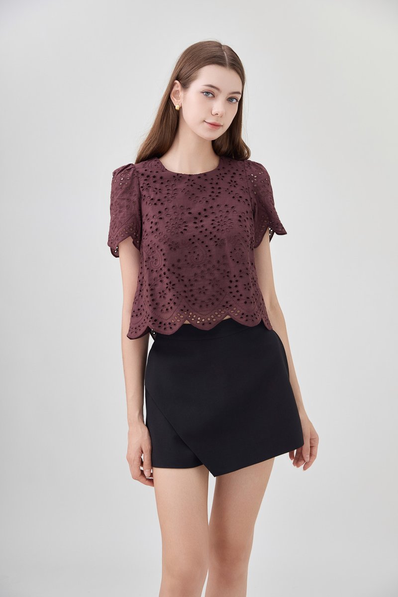 Delilah Eyelet Scallop Top In Brown