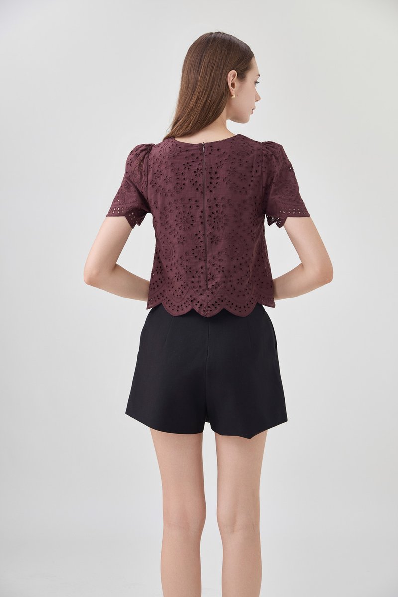 Delilah Eyelet Scallop Top In Brown