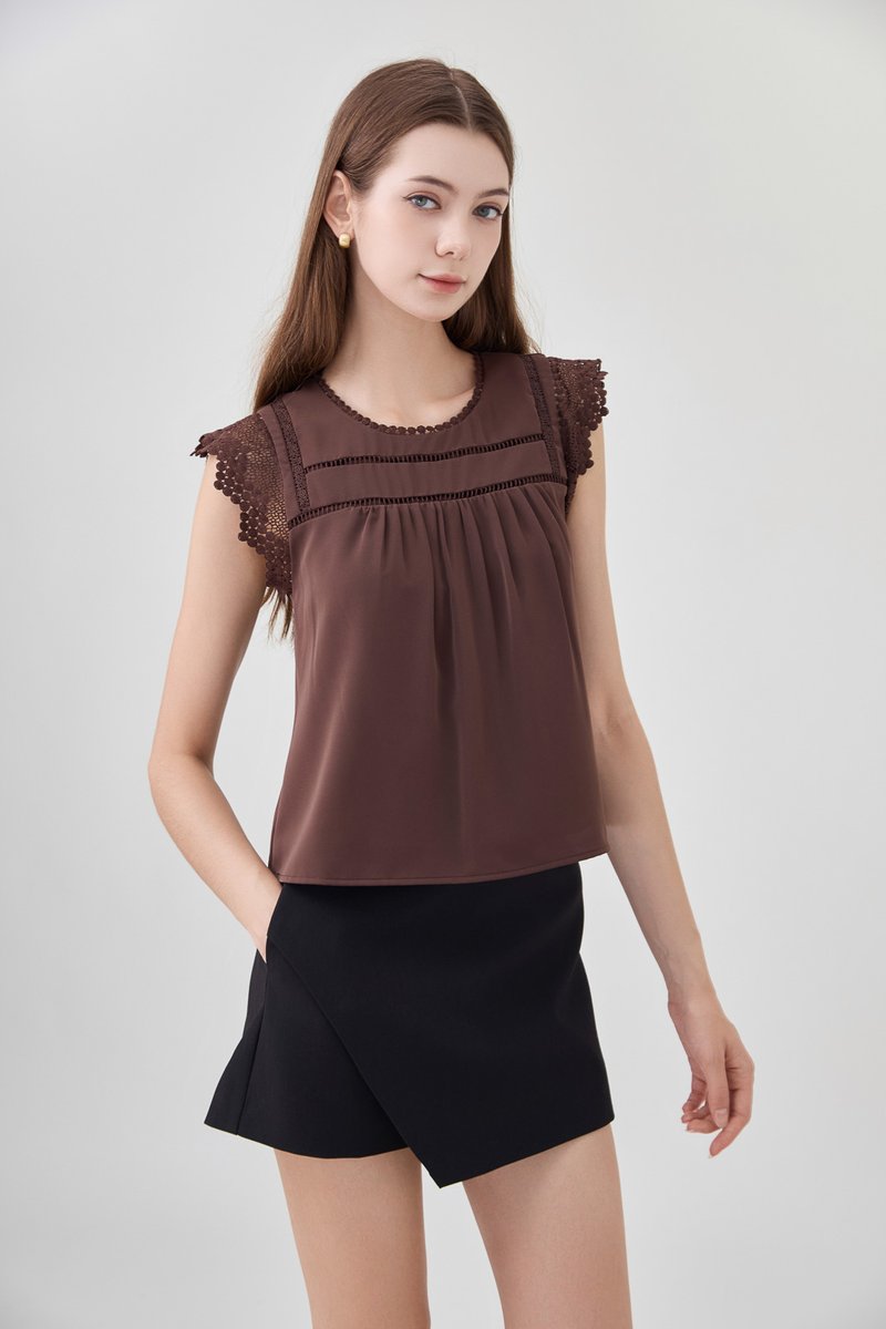 Araceli Crochet Lattice Top In Brown