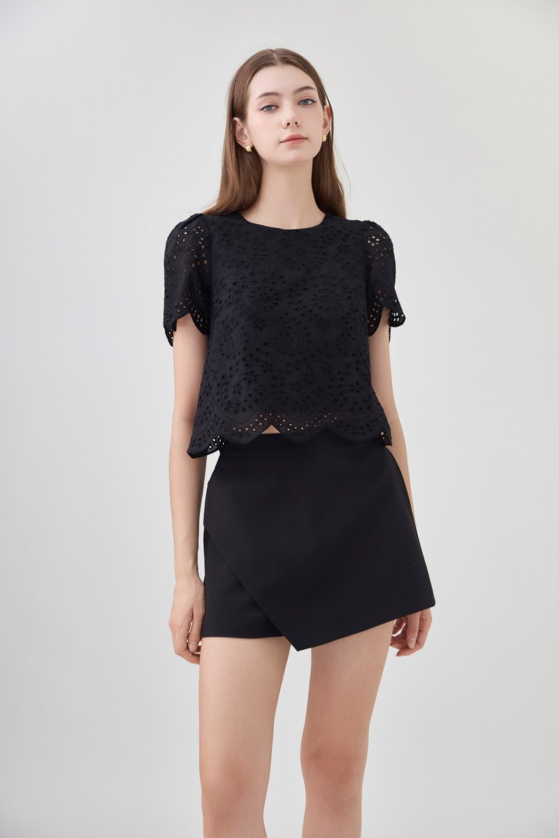 Delilah Eyelet Scallop Top In Black