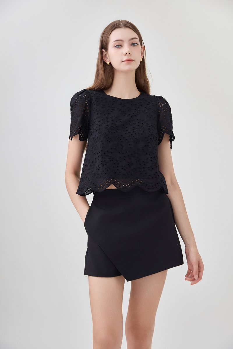 Delilah Eyelet Scallop Top In Black