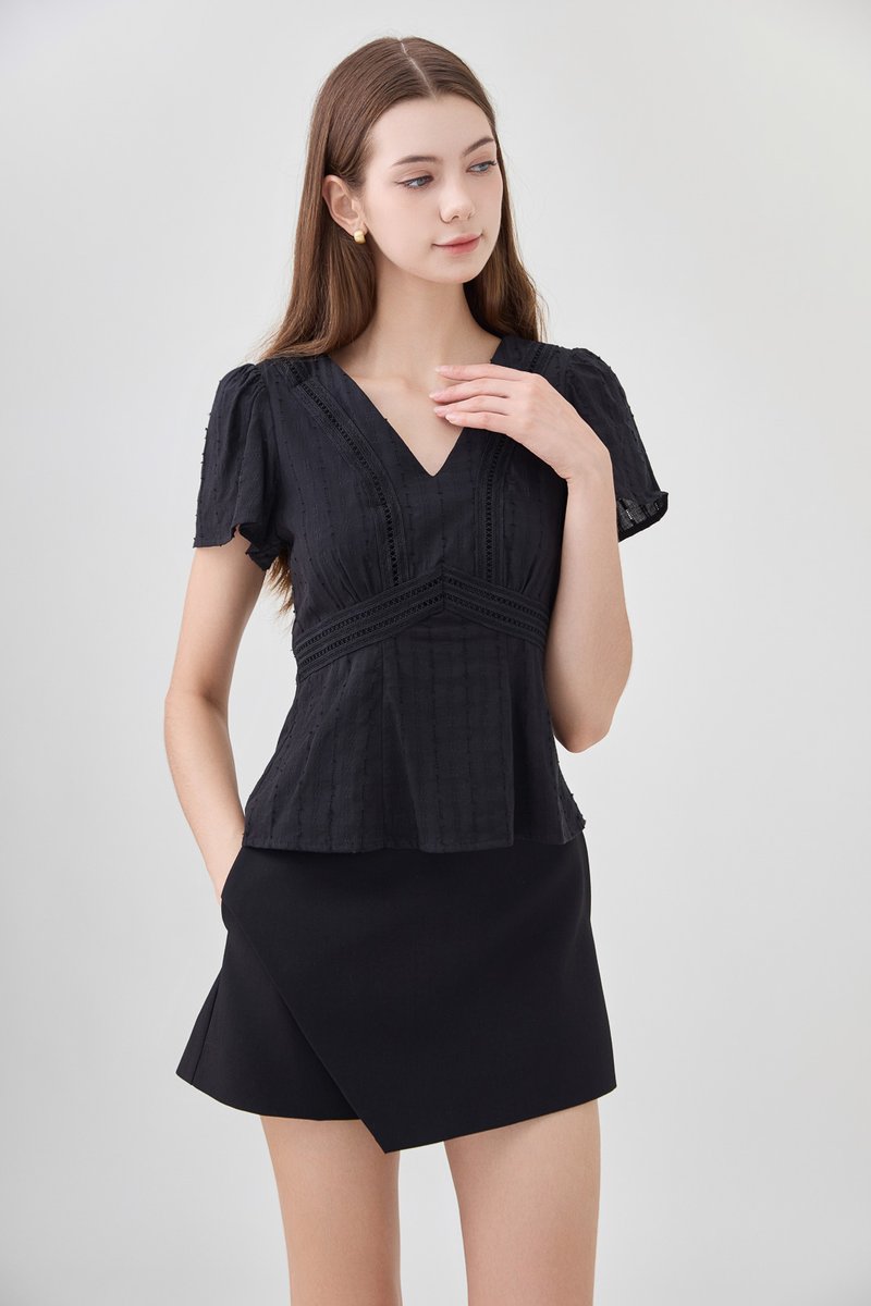 Lia Swiss Dot Crochet Top In Black