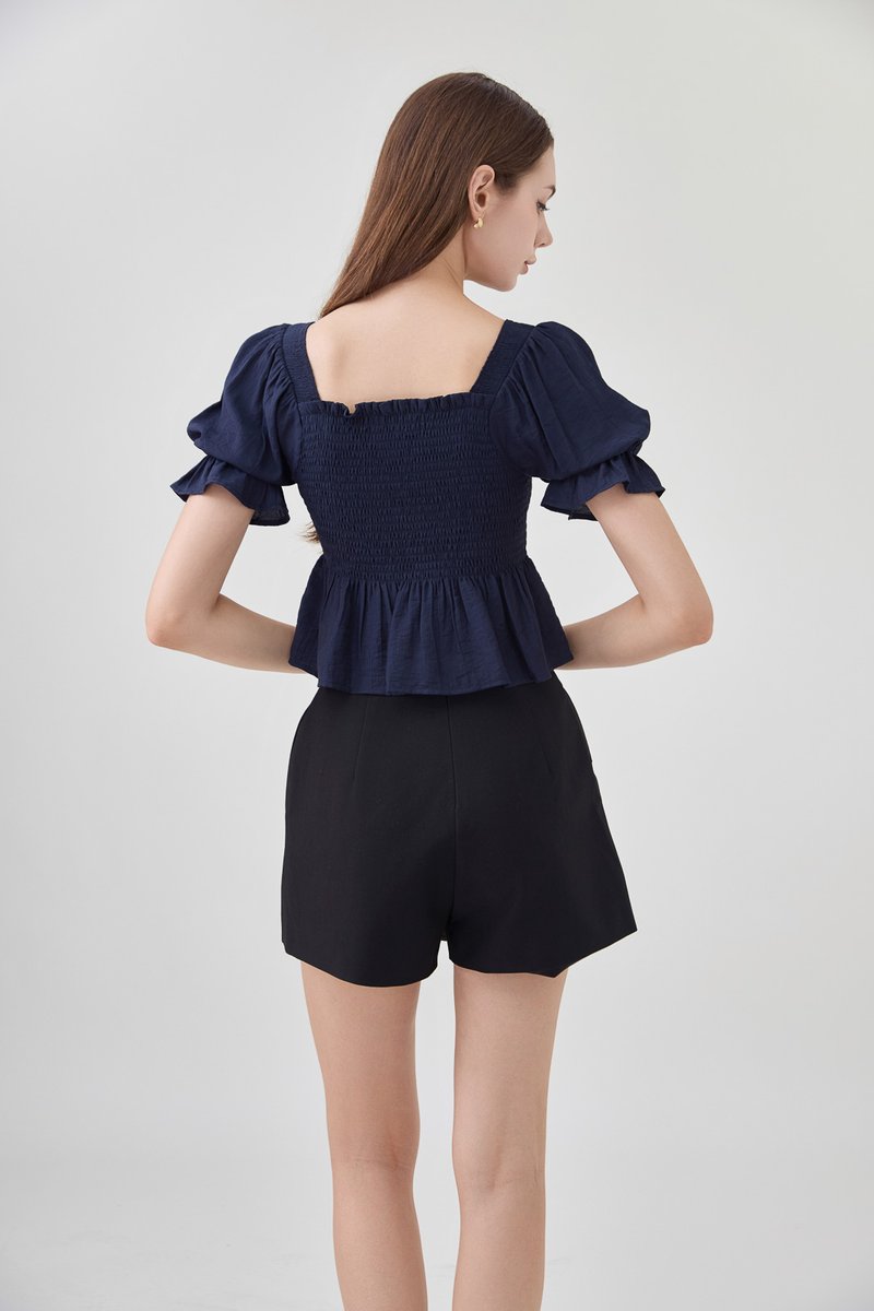 Ariyah Smocked Ruched Ruffles Top In Navy