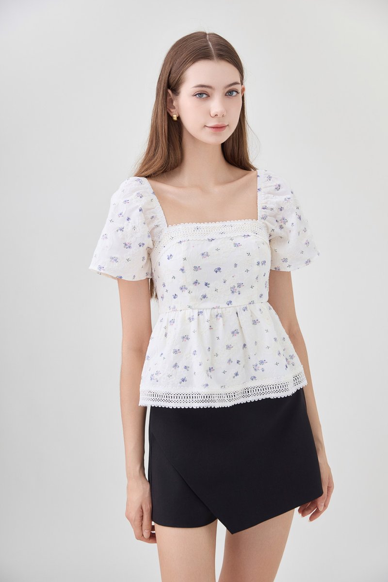 Alexandria Embroidery Babydoll Top In Lavender Bloom