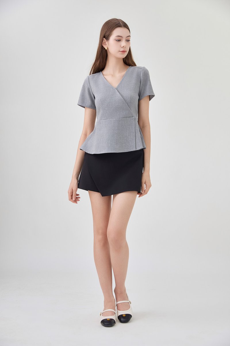 Fae Faux Wrap Peplum Top In Slate Grey