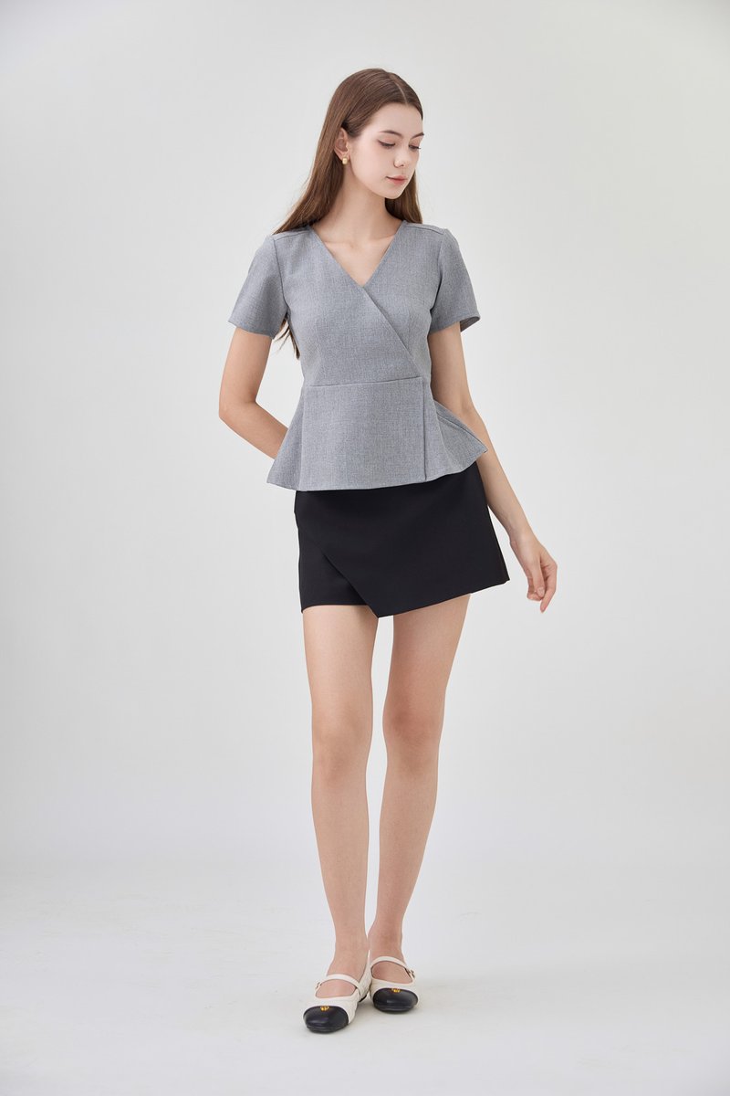 Fae Faux Wrap Peplum Top In Slate Grey