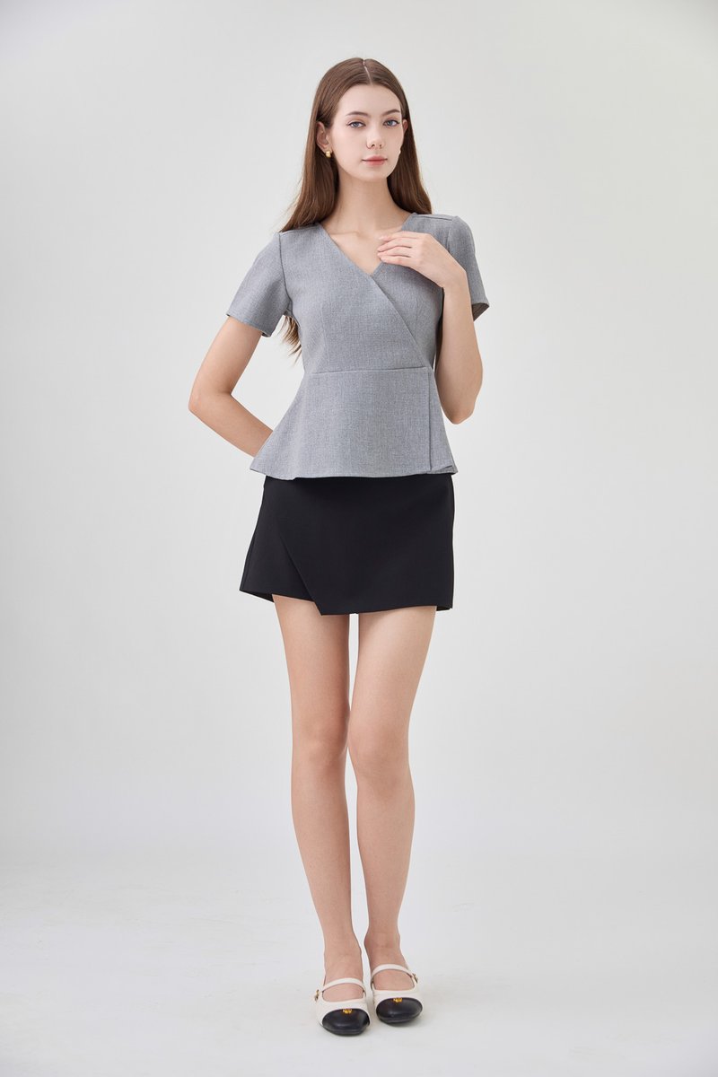 Fae Faux Wrap Peplum Top In Slate Grey