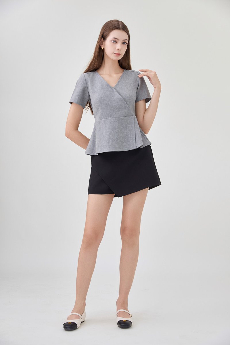 Fae Faux Wrap Peplum Top In Slate Grey