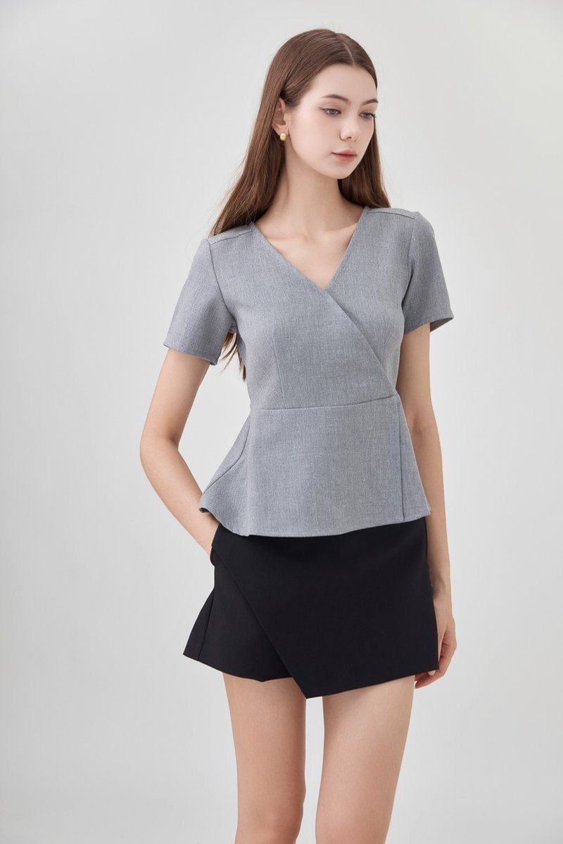 Fae Faux Wrap Peplum Top In Slate Grey
