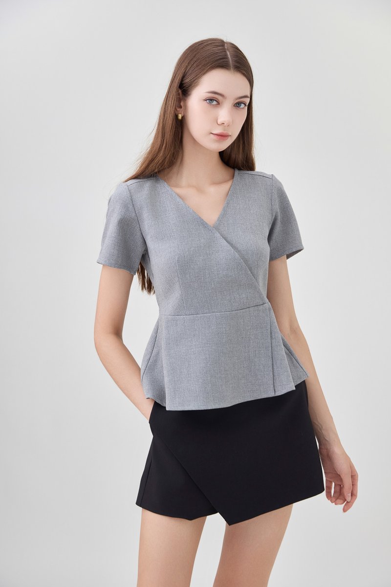Fae Faux Wrap Peplum Top In Slate Grey