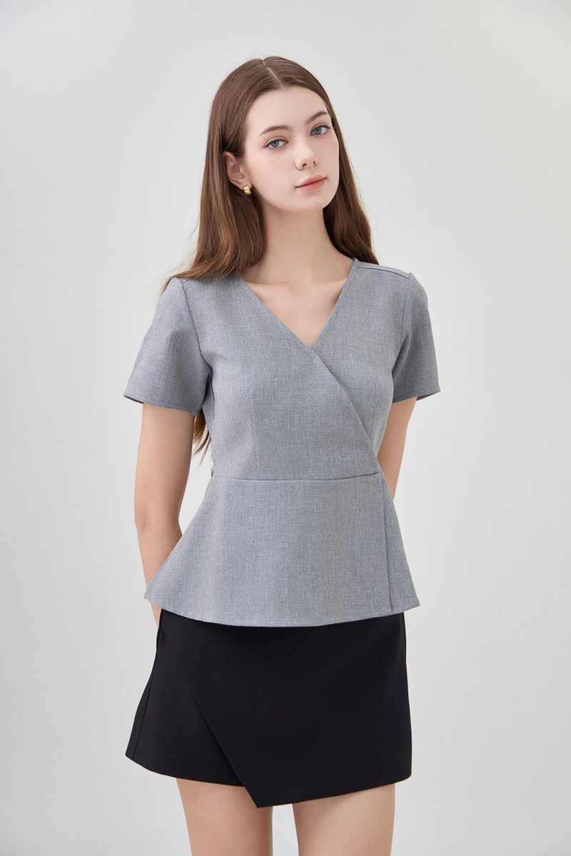Fae Faux Wrap Peplum Top In Slate Grey