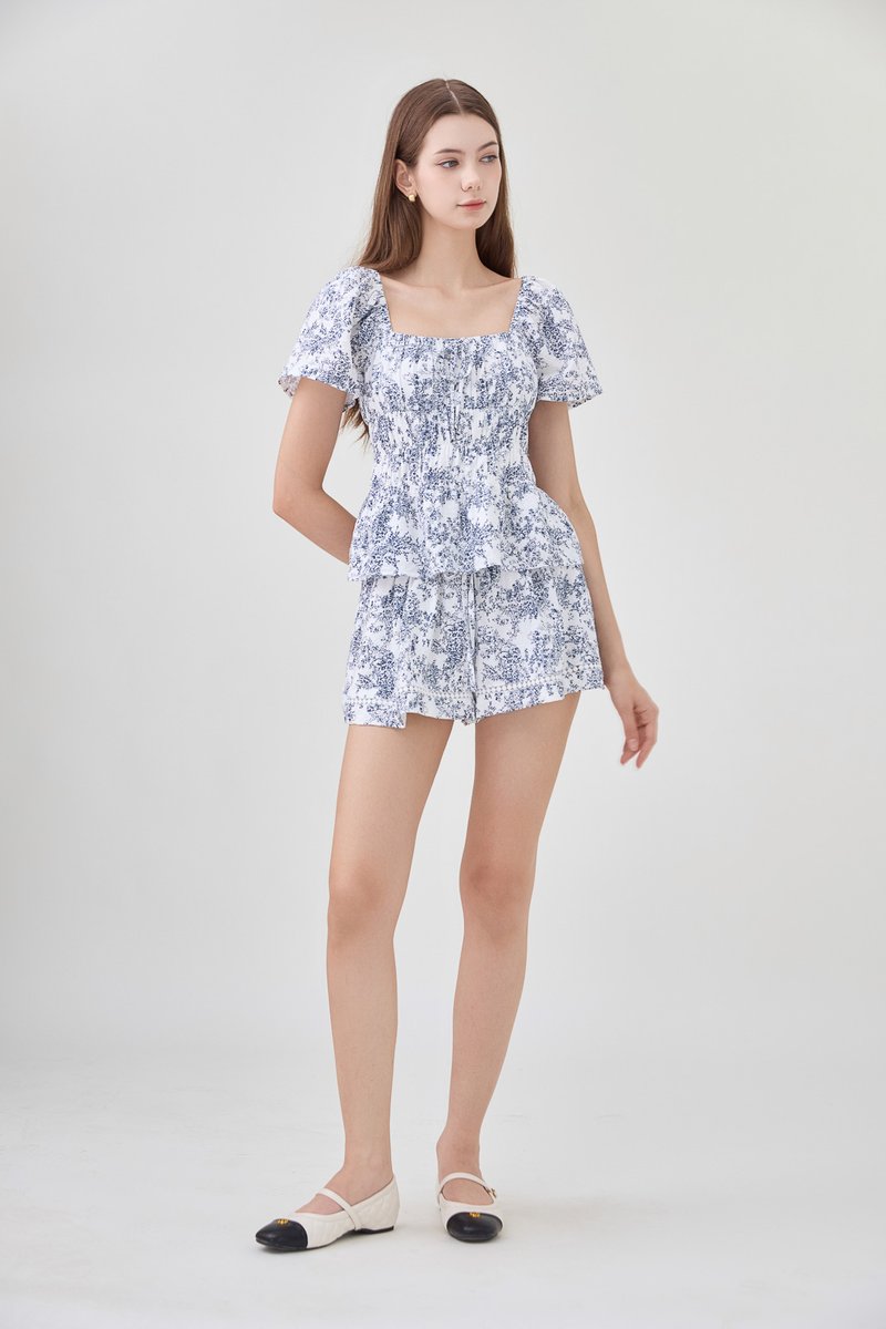 Emelia Toile Smocked Waist Ribbon Top In Navy