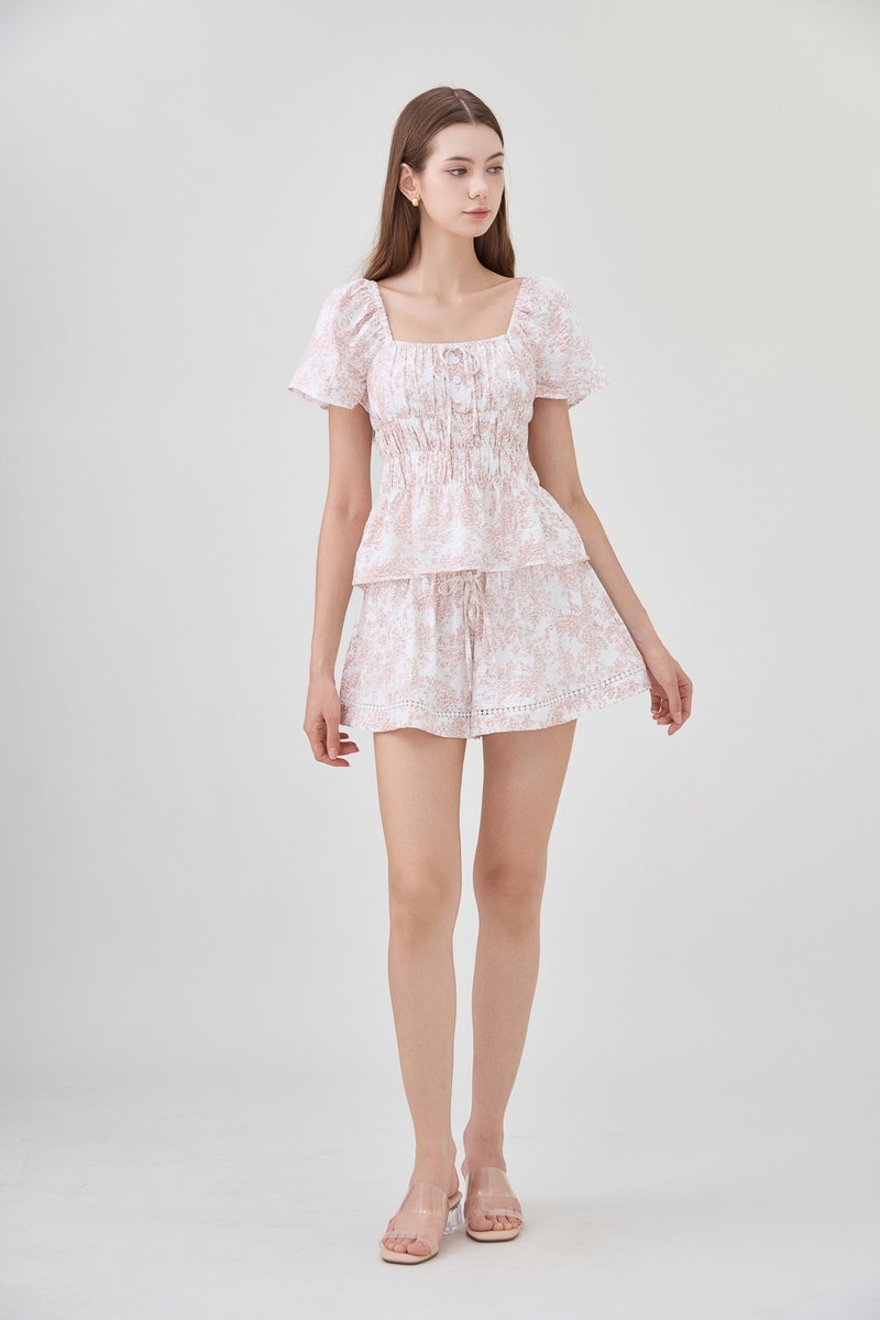 Emelia Toile Smocked Waist Ribbon Top In Pink