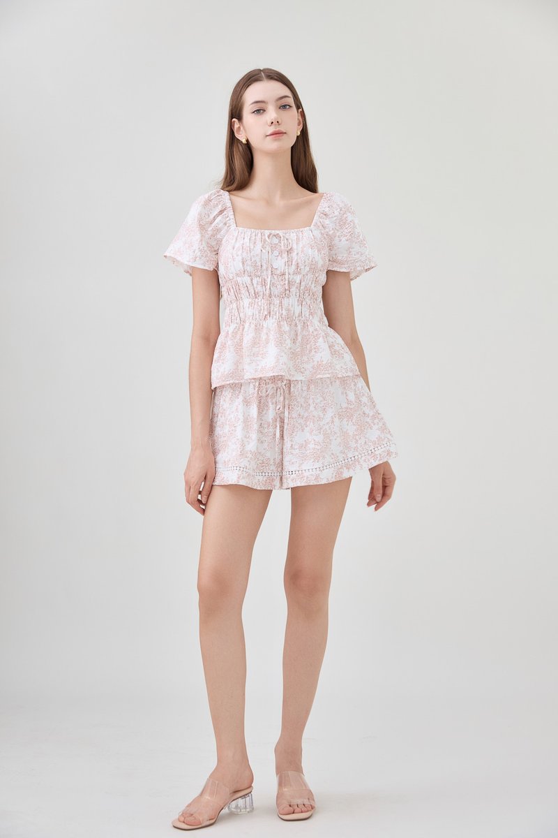 Emelia Toile Drawstring Crochet Short In Pink