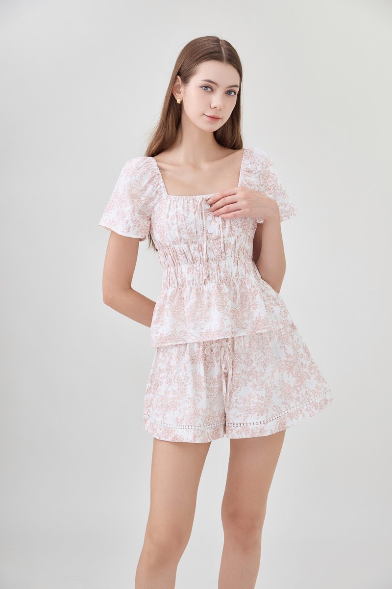 Emelia Toile Drawstring Crochet Short In Pink
