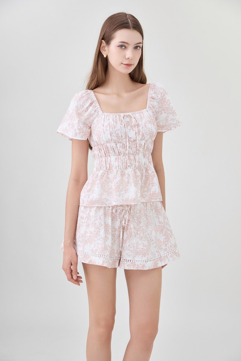 Emelia Toile Drawstring Crochet Short In Pink