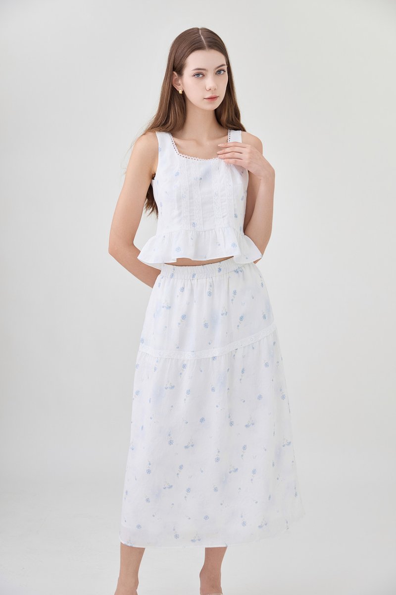 Miller Lace Floral Elastic Waist Midi Skirt