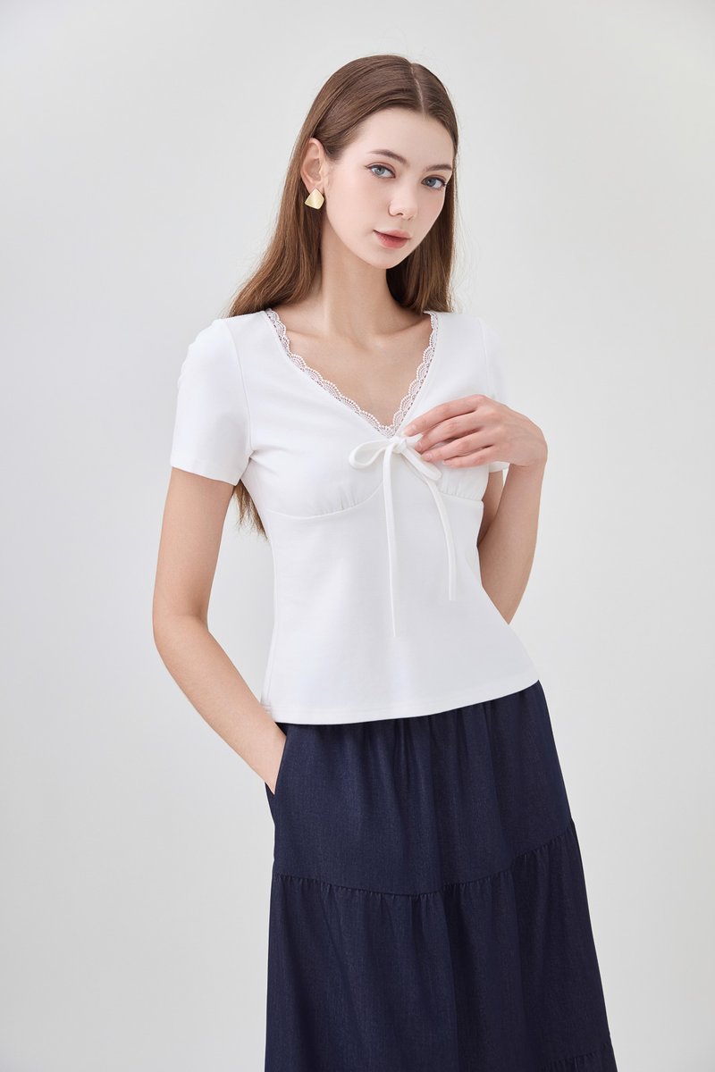Ana Ribbon Lace Cotton Top In White